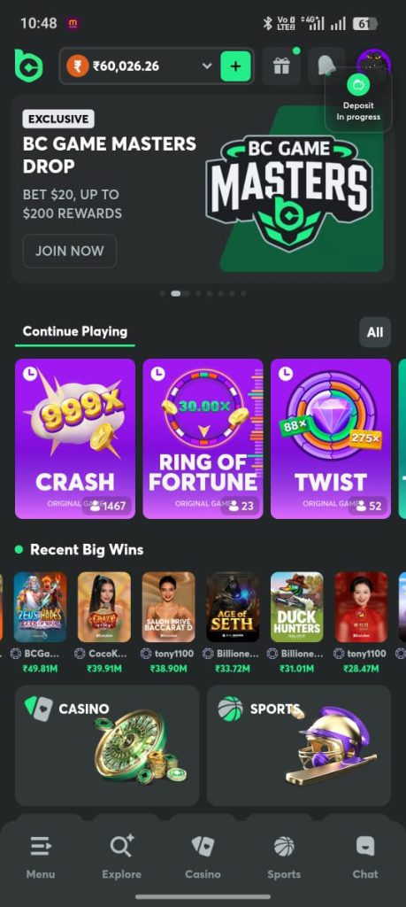 BC Game login screen mobile app